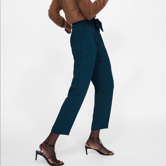 NWT Zara Emerald Aqua Paperbag Waist Skinny Pants - Picture 4 of 8